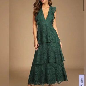 Lulu's | Forest Green Lace Ruffled Tiered Sleeveless Maxi Dress | Size XL
